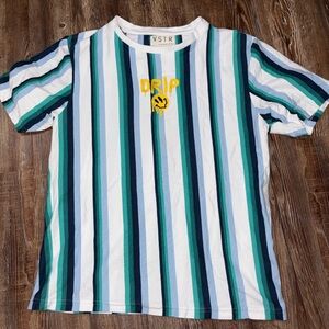 Boys Shirt XL VSTR Drip Striped Short Sleeve Green Blue White Smiley Face Casual